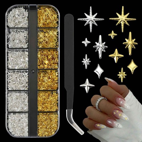 OPMADM 2500Pcs Star Nail Charms, Silver & Gold Nail Charms Bulk for DIY 3D Nail Art Charms & Charms for Nails Design