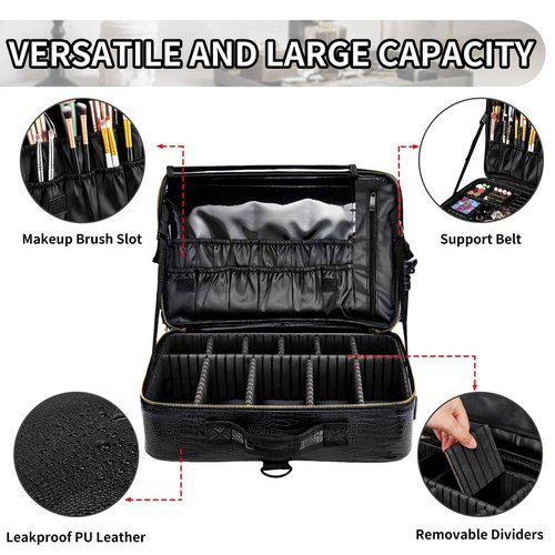 gzcz Large Capacity Travel Makeup Case Organizer,Professional Cosmetic Bags for Women,Waterproof PU Leather Makeup Bag with Adjustable Dividers and Shoulder Strap for Brushes and Jewelry