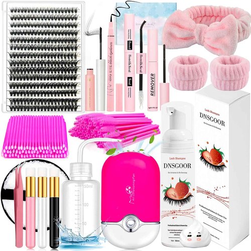 DIY Lash Extension Kit with 280 PCS 9-16mm 40D Lashes Clusters 200ml/6.7fl.oz Lash Cleanser Eyelash Shampoo Mini USB Portable Lash Fan Bond and Seal Remover Eyeliner Eyelid Cleaning Brush