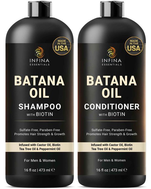 INFINA ESSENTIALS Batana Oil Shampoo and Conditioner Set | 16 fl oz Each | with Biotin & Tea Tree | Moisturizing, Strengthening & Nourishing Formula | Promotes Hair Growth and Thickness