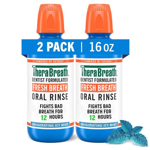 TheraBreath Overnight & Fresh Breath Mouthwash Bundle, Chamomile Mint & ICY Mint Flavors, 2 Packs of 16 fl oz, Fights Bad Breath 12 & 24 Hours