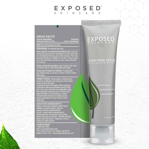 Exposed Skin Care, Clear Pore Serum with 1% Salicylic Acid for Sensitive and Oily Skin – Gently Clears Blackheads, Minimizes Pores and Reduces Excess Oil – Natural, Non-toxic and Cruelty Free