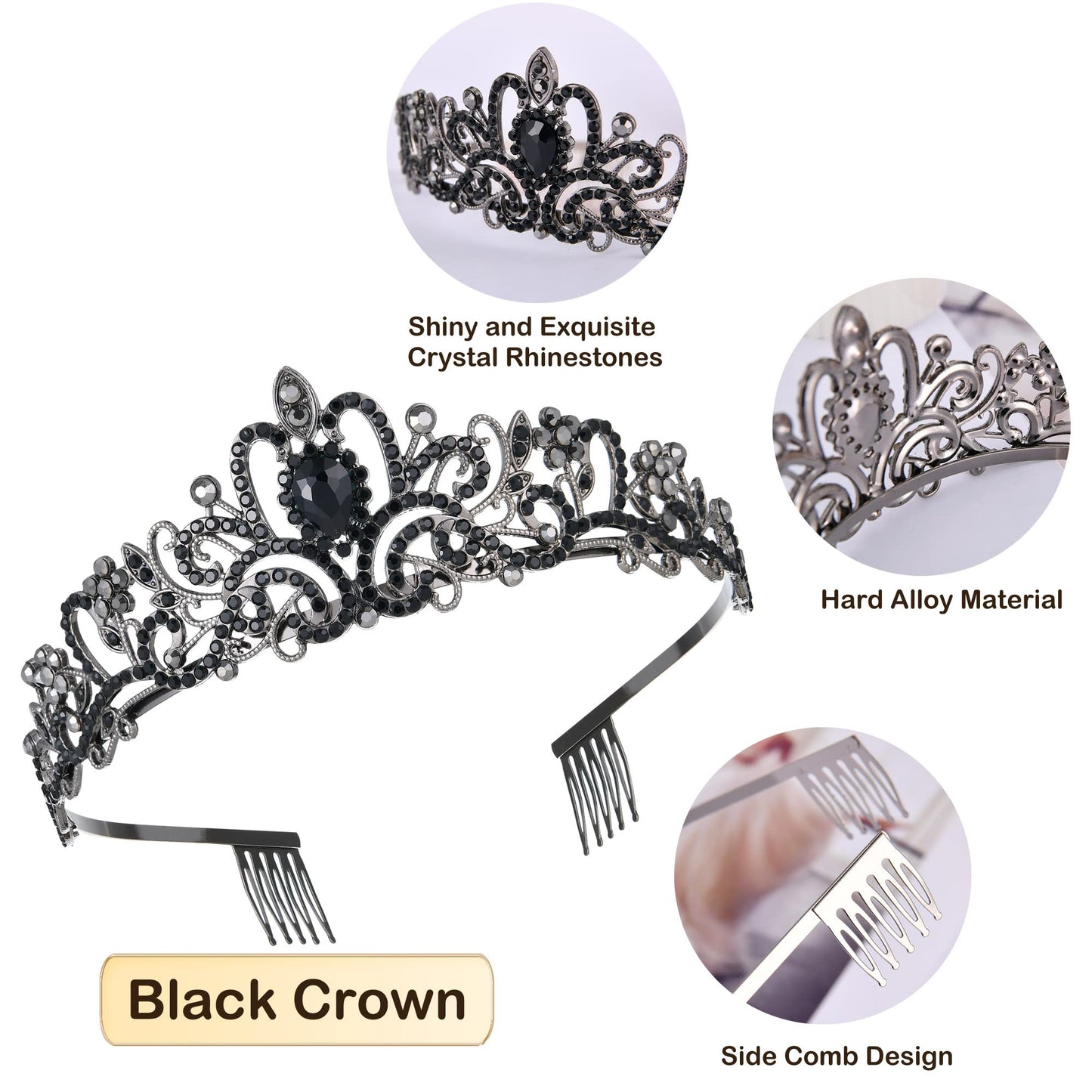 6 pcs Black Princess Crown - Crystal Tiaras for Girls Women Elegant Rhinestone Royal Queen Crown with Comb for Wedding Pageant Birthday Party Hair Accessories Costume