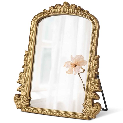 LUYABA Vintage Vanity Mirror with Stand – 11.8"x9.6" Gold Tabletop Makeup Mirror, Arched Decorative Mirror with Carved Engineered Wood Frame for Bedroom, Dresser, Bathroom or Desk