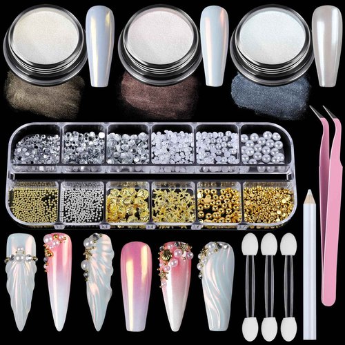 Teenitor Chrome Nail Powder, Crome Powder for Gel Nails with Nail Gems, Pearl Nail Chrome Powder for Nails, Iridescent Aurora Mermaid Chrome Nail Powder, Nail Tools Nail Supplies for Nail Art