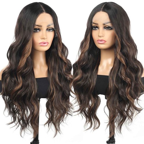 Rallarkrysset Highlight Lace Front Wig 13x4x1 Pre Plucked Ombre Brown Wigs for Women Ready to Wear HD Glueless Natural Long Wavy Wig for Women Middle Part Natural Look