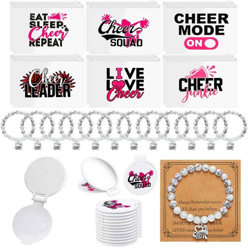 Locmeo 36 Pcs Cheerleader Gifts Set Including Portable Zipper Cheer Makeup Bag, Compact Mirror, Cheer Bracelet - Party Favors for Women Cheerleading Team