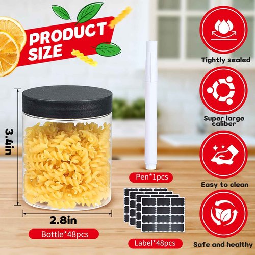 sietpoek 48 PCS 8 OZ Plastic Jars with Screw On Lids,Labels Refillable Empty Round Slime Containers for Storing Dry Food, Honey Jam, Cream, Butter, Lotion, black
