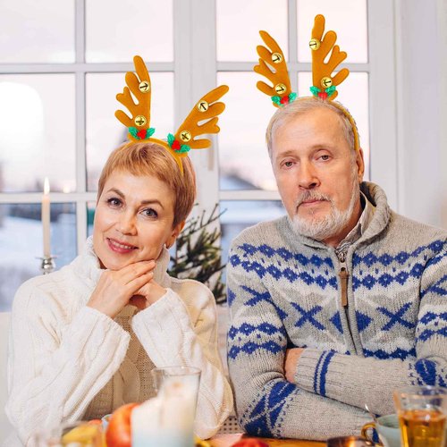 Riceshoot 24 Pcs Christmas Antler Headband Reindeer Headband Deer Plush Ear Antler Hair Hoop Beauty Accessory for Xmas Party(Golden Bell Style)