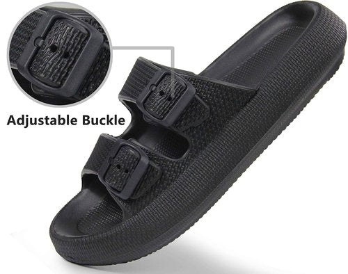 BenSorts Pillow Slippers for Women and Men Cute Rubber Sandal Adjustable Buckles Soft Slides Shower Spa Bath House Slippers Indoor Outdoor Black Men Size 8.5 9 9.5 Women Size 9.5 10 10.5