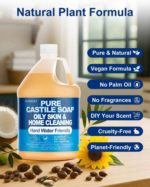 FLOWHYET Pure Castile Soap Liquid Unscented 1 Gallon(128 fl oz) Refill, Organic Body Wash Bath Soap Vegan Castile,Hard Water Oily Skin Friendly for Body, Face, Hand, Multi-Purpose Home Cleaner