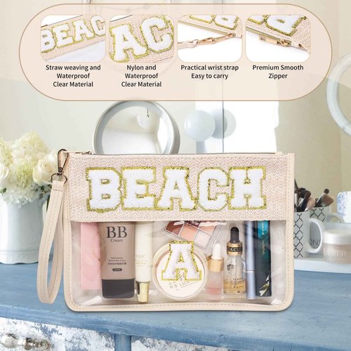 Pinkmik Chenille Letter Clear Zipper Pouch for Travel Clear Snack Bag Beach Cosmetic & Toiletry Makeup Bag for Women (BEACH)