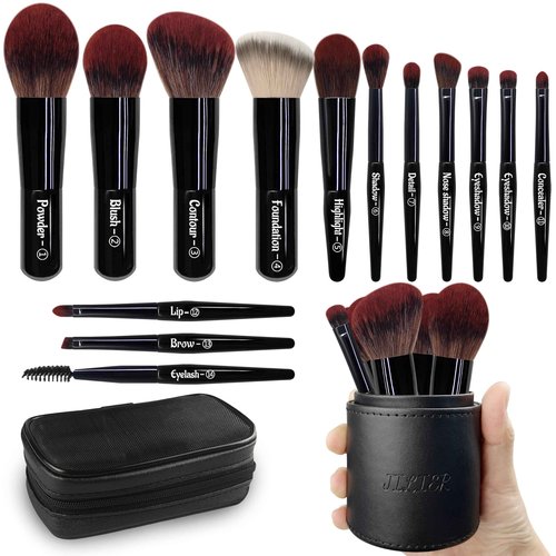 Jilier Travel Makeup Brush Set, 14 pcs Mini Makeup Brushes for Foundation, Powder, Eyeshadow, Highlight, Contour, Blush & Concealer, Small Makeup Brush Set Purse Size with Case