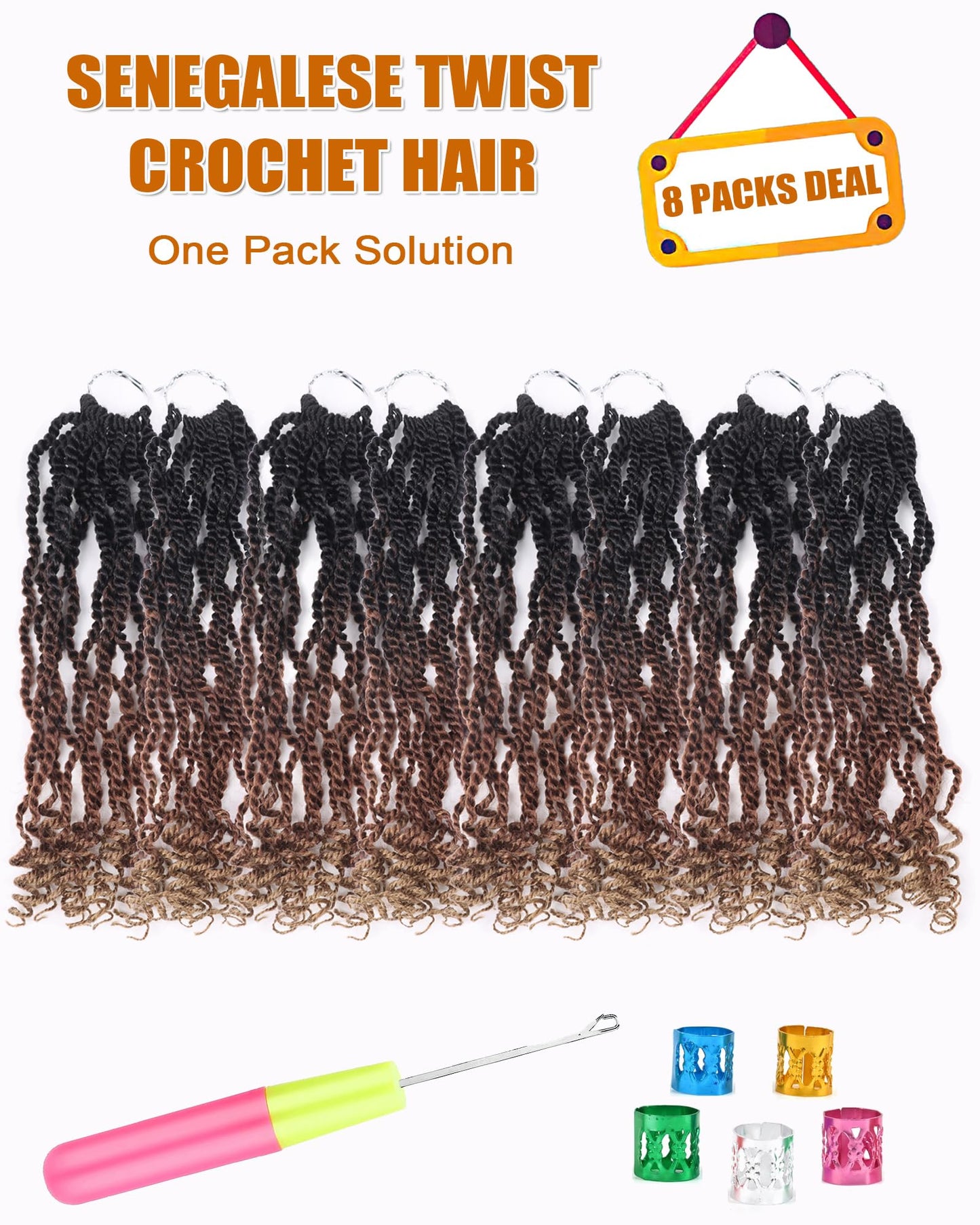 Senegalese Twist Crochet Hair for Kids 12 Inch 3 Tone Crochet Senegalese Twist Hair for Black Women Pre Looped 8 Packs Kinky Twist Crochet Hair (12 Inch,1B3027)