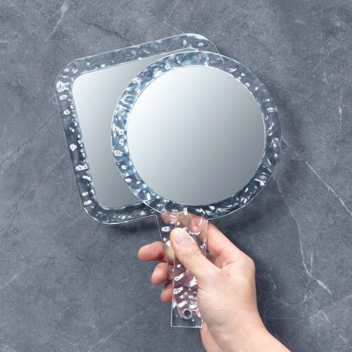 YEAKE Hand Mirror,Double-Sided Handheld 1X/5X Magnifying Mirror with Handle, Handle Makeup Mirror,Acrylic, 6.1" W x 10" L, Rounded Shape, Clear 2 PCS