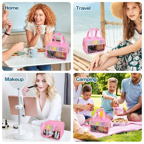 Sweet Lion Chenille Letter Clear Large Makeup Bag, Preppy Cosmetic Bag with Zipper, Stuff Bag Waterproof Travel Toiletry Bag Cosmetic Pouch for Women Girls (Pink-SNACKS)