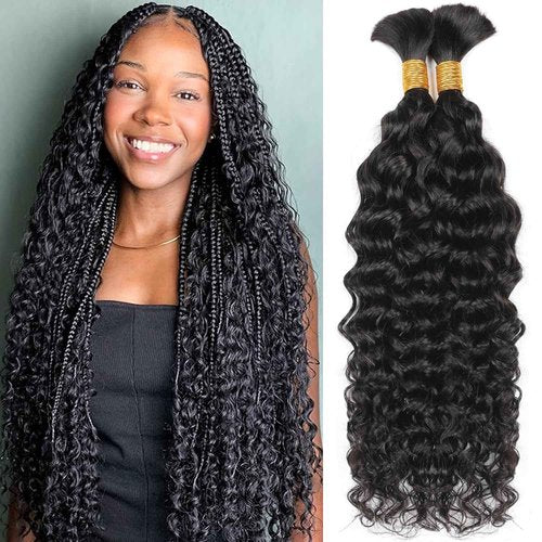 Human Braiding Hair 2 Bundles 100g 16Inch Water Deep Wave Bulk Human Hair for Braiding No Weft Braiding Hair Bulk Curly Human Hair for Boho Braids 12A Brazilian Virgin Hair Extensions Natural Color