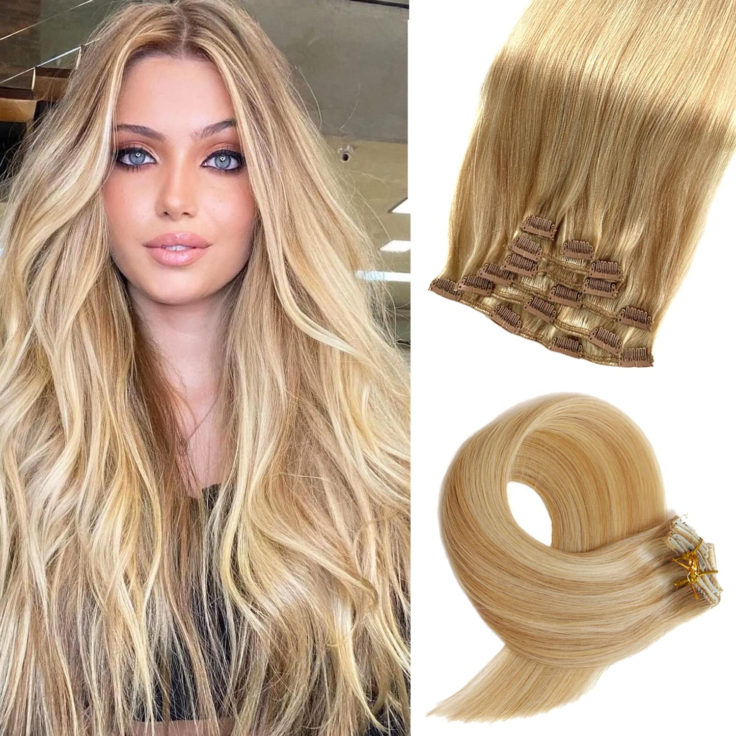 Clip in Hair Extensions Real Human Hair 18 Inch Balayage Brown to Bleach Blonde Straight Clip in Hair Extensions Double Weft Clip in Real Hair Extensions 7pieces 70g for Women