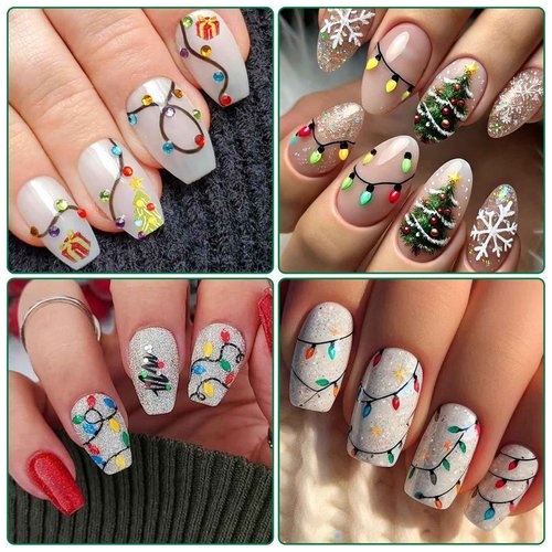 IDDFEVE 2 Sheets Embossed Christmas Nail Stickers, 5D Colorful Light String Self-Adhesive Nail Art Decals for Women Girls DIY Winter Xmas Tree Manicure