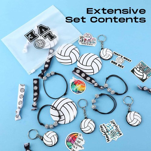 JaGely 110 Pcs Volleyball Party Favors Bulk Volleyball Gifts Accessories, Including Bracelet Mirrors Keychain Makeup Bag Hair Ties and Stickers Sports Theme Party Supplies for Girls Women Teammates