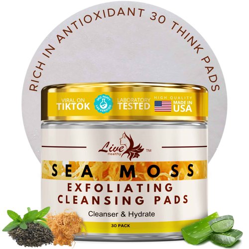 Live Healthy The Original Kojic Acid & Sea Moss Cleansing Pads - Natural, Face Cleanser, with Vitamin E, Glycolic Acid & Hyaluronic Acid - Clears Acne, Face Peel Toner Pads - Made in USA | 30 Pack