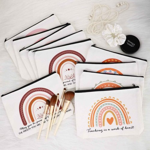 Coume 30 Pcs Teacher Appreciation Gifts for Women Bulk Inspirational Gifts Christmas Rainbow Canvas Makeup Bags Cosmetic Bag Thank You Favors for Holiday Women Teacher, 10 Styles(Elegant)