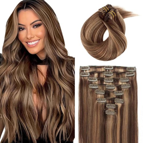 ABH AMAZINGBEAUTY HAIR Clip in Hair Extensions Real Human Hair Chocolate Brown Mixed to Dark Blonde Hair for Fashion Women Virgin Highlights Clip in Hair Double Wefts Silky Straight 90G 8Pcs 16 Inch