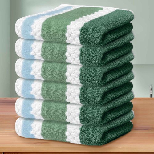 Green and White Washcloths (6PC, 13"x13") - 100% Cotton, Quick Dry, Thick&Absorb, Soft Washcloths for Bathroom & Showering, Striped Wash Cloths for Face & Body, Green Stripe and White Waffle/Checkered