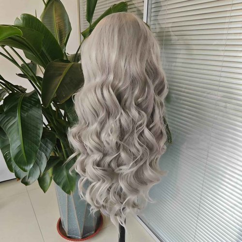 RDY Sliver Grey Long Body Wave Lace Front Wig Middle Part Natural Wavy Heat Resistant Fiber Synthetic Wigs for Women Girls Party Cosplay Wear 24 Inch