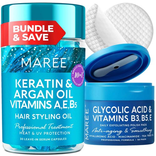 MAREE Bundle - Hair Styling Capsules & Glycolic Acid Peel Pads - Keratin, Jojoba & Argan Oil, Salicylic Acid & Vitamins E, B3, B5 - Leave-in Anti Frizz Conditioner & Face Pads with Cleaning Effect