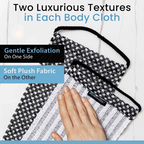 SHOWER BOUQUET Charcoal-Loofah XL 4-Pack & Japanese-Exfoliating-Washcloth 2-Pack for Back & Body // 4 Extra Large Bath Sponges Plus Silver Ion Infused Exfoliating Towel with Handles, 2 Charcoal White