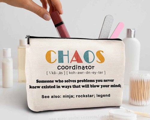 kdqua Chaos Coordinator Makeup Bag for Women, Thank You Supervisor Gifts for Boss Teacher Boss Lady Coworkers, Christmas Staff Appreciation Gifts Linen Cosmetic Bag Zipper Pouch Travel Toiletry Bag