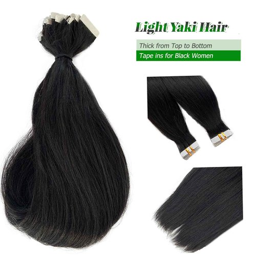 Yaki Straight Tape in Hair Extensions Human Hair - 20 Inch Seamless Light Yaki Tape in Extensions Double Sided Relaxed Straight Black Hair Extensions Tape ins #1B Natural Color 50grams 20pcs