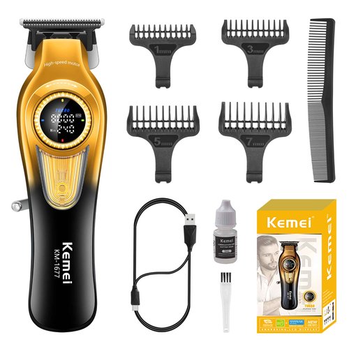 KEMEI 1677 Beard Trimmer for Men, Professional Hair Clippers, Cordless Barber Clipper with LED Display, DLC T-Blade Hair Trimmer, 8000 RPM Turbo Brushless Motor