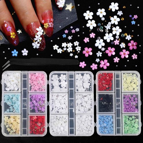 FOIMAS 3D Flower Nail Charms,3 Boxes Flower Acrylic Nail Art Rhinestones with Gold Silver Pearl Beads Tweezer for DIY Nail Art Decoration Supply