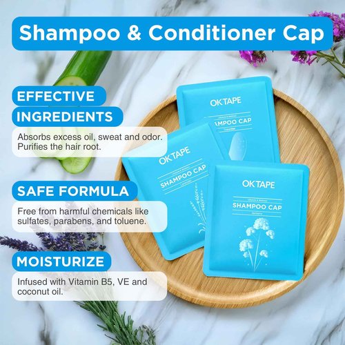 OK TAPE No Water Shampoo Caps (6 Pack) 3 Scents, Rinse Free Shower Cap for Elderly, After Surgery, Camping, Shampoo and Conditioner Hair Wash Cap (Lavender, Verbena and Cucumber Scents)