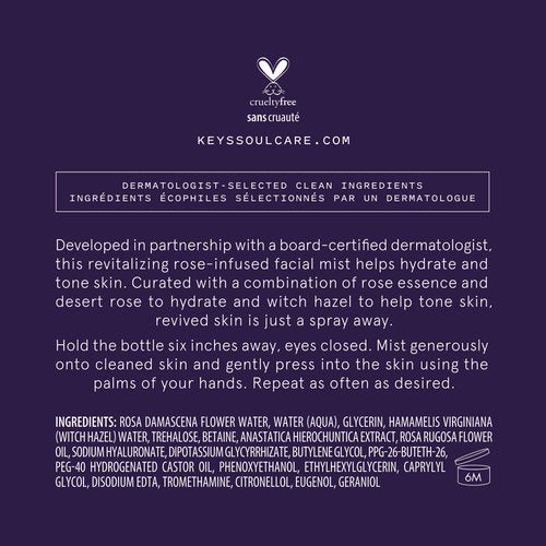 Keys Soulcare Reviving Aura Mist, Revitalizing Facial Spray Hydrates, Tones, Refreshes & Renews Skin, Vegan, Cruelty-Free, Rose Scent, 3.72 Fl Oz