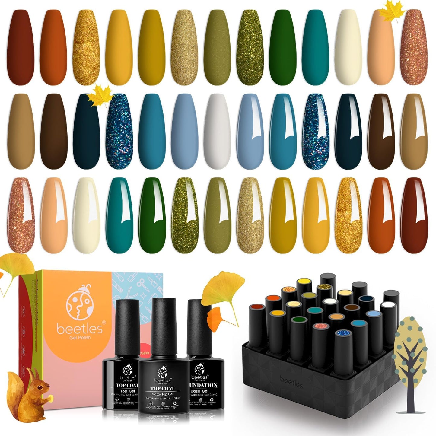 Beetles 23Pcs Gel Nail Polish Kit Green Blue Orange Fall Gel Nail Polish Set with Base Gel Top Coat Soak off UV DIY Home Manicure Kit Gifts for Women Girls