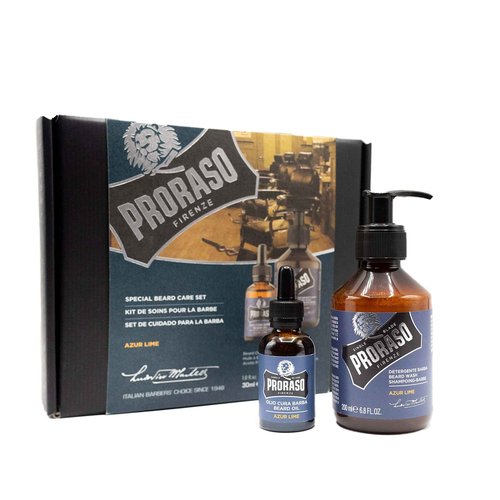 Proraso Beard Care Kit for Men, Beard Wash & Oil with Azure Lime to Tame, Cleanse & Detangle Full, Thick and Coarse Beards, Azure Lime