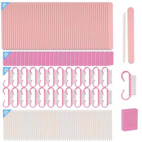 Disposable Manicure kit Press On Nail Tool Kit for Salon Home, Mini Nail Buffer, Nail File, Wood Stick, Nail Brush (Pink, 100 Set)