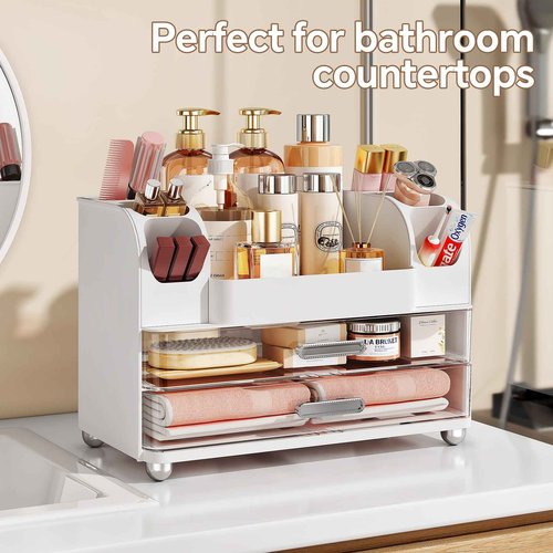 Makeup Organizer, Large Vanity Organizer with Brush Holder and 2 Drawers, Clear Cosmetic Storage Box for Bathroom Countertop, Toiletry and Skincare Storage for Lipsticks, Lotion, and perfume, White