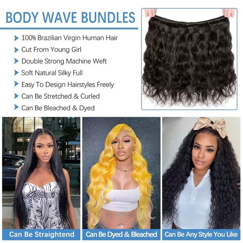 12A Human Hair Bundles 26 Inch Body Wave Bundles Human Hair 100% Unprocessed Brazilian Virgin Weave 1 Bundle for Women Natural Black Real Body Wavy Human Hair Extensions
