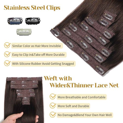 Mocona Clip in Hair Extensions Real Human Hair, Dark Brown – 16 Inch 7pcs 70g/Pack, Soft Hair Extensions Real Human Hair Clip ins Straight Suitable for all Hair Types (#2 16 Inch)