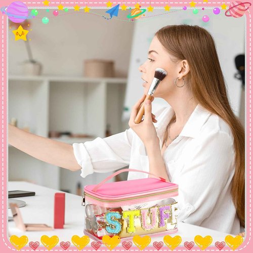 libfrnt Chenille Letter Clear Makeup Bags, Preppy Pink Stuff Bag Chenille Patch Makeup Bag Travel Cosmetic Bag with Handle Zipper Waterproof TPU Toiletries Organizer Pouch for Women Girl