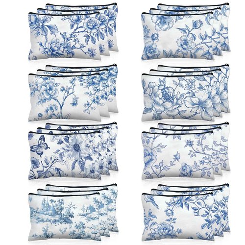 Stuffygreenus 24 Pcs Floral Cosmetic Bags Bulk for Women Blue and White Floral Makeup Bags Chinoiserie Canvas Travel Zipper Pouches Aesthetic Toiletry Bag for Girls Women Bridesmaids Wedding Supplies