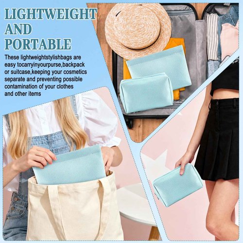 URSKYTOUS 2Pcs Makeup Bag Set for Women Large Small Striped Makeup Bags Cute Travel Toiletry Bags with Zipper Blue Cosmetic Bag Aesthetic Cosmetic Purse Pouch Skincare Brushes Storage Organizer