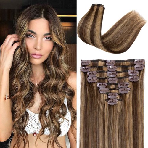 S-noilite Clip in Hair Extensions Human Hair Balayage Standard Weft Short Blonde Hair 100% Real Human Hair 8 Pieces 18 Clips Straight 10"-75g (#4/27 Medium Brown/Dark Blonde)
