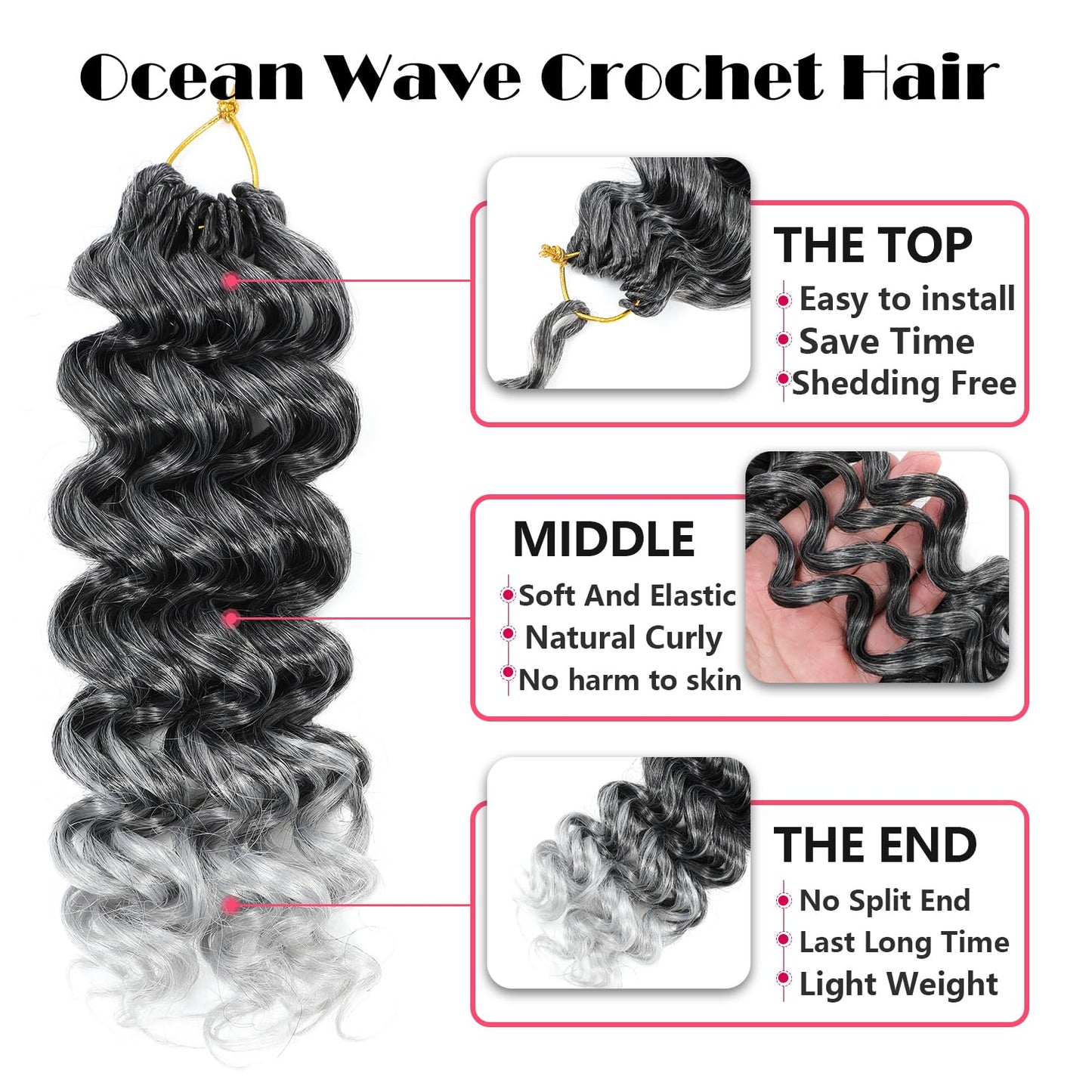 Ocean Wave Crochet Hair 12 Inch 8 packs Deep Wave Crochet Hair Synthetic Curly Crochet Braiding Hair for Black Women (12 Inch, 8 packs, T/Grey)