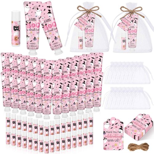 24 Sets Halloween a Little Boo Is Almost Due Baby Shower Hand Cream and Lip Balm Gift Travel Size Hand Lotion and Lip Balm with Organza Bags Tags Pink Black Halloween Baby Shower Favors for Guests