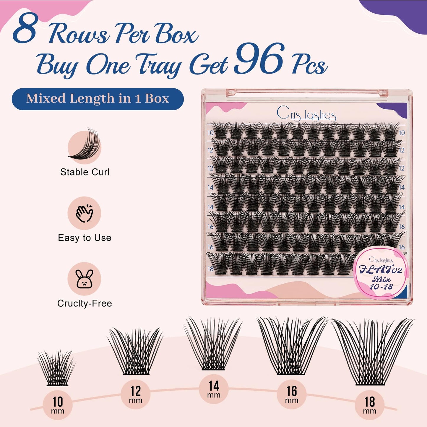 Crislashes Eyelash Clusters 96Pcs, D Curl Lash Clusters 10-18mm Natural Look Individual Lashes, Extremely Soft Lash Clusters DIY Lash Extension for Self Application (Flat02-10-18mm)